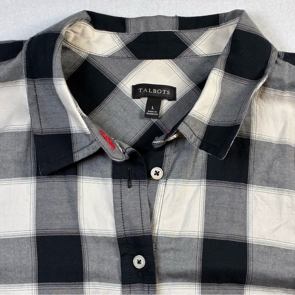 Talbots Black Cream Long Sleeve Button Up Cotton Buffalo Check Shirt Large